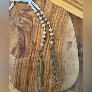 Gold tone, Blush/Neutral Stones & Pale Blush Leather Beaded Lariat Necklace